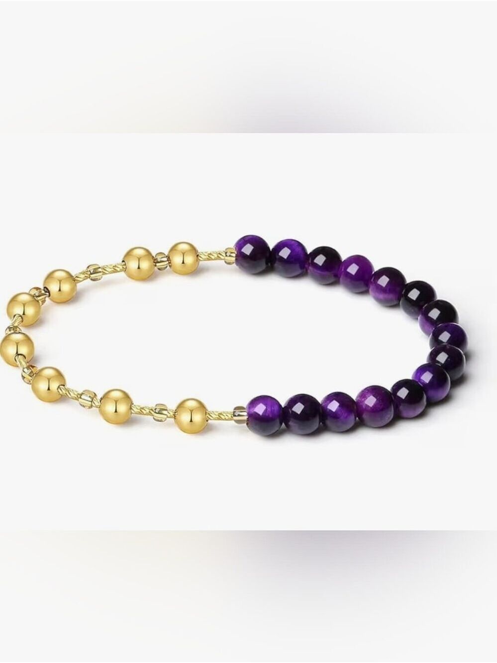 Purple Tiger's Eye Stretch Bracelet, 6MM Beaded 18K Gold Ball Two in One